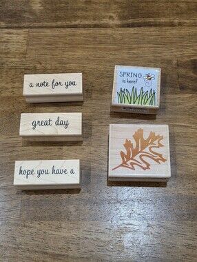 Wooden Rubber Sentiment and Seasonal Stamp Set - Orange Leaf & Spring